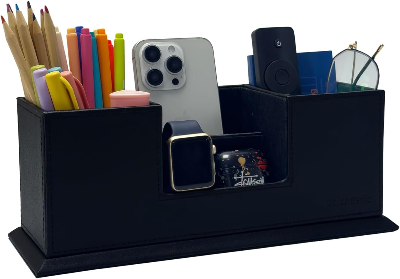 Desk Organizer, Desktop Caddy Leather Multi-Compartment Pen Holder Office Stationer Organizer, Black