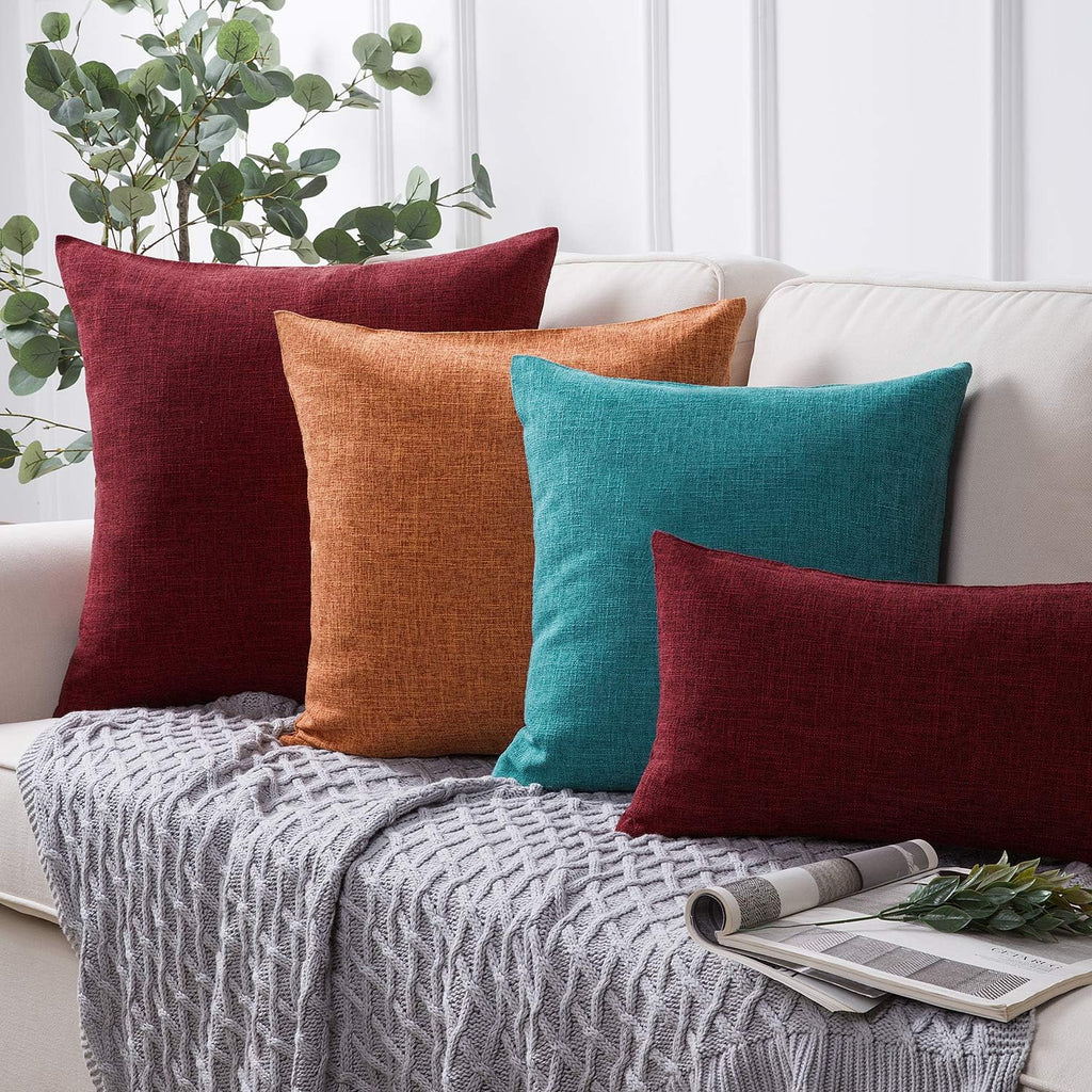 Throw Pillow Cover Textured Faux Linen Series Decorative Cushion Covers for Home Decor Sofa Pack of 2, Rose Red 18 X 18 Inches 45 X 45 Cm