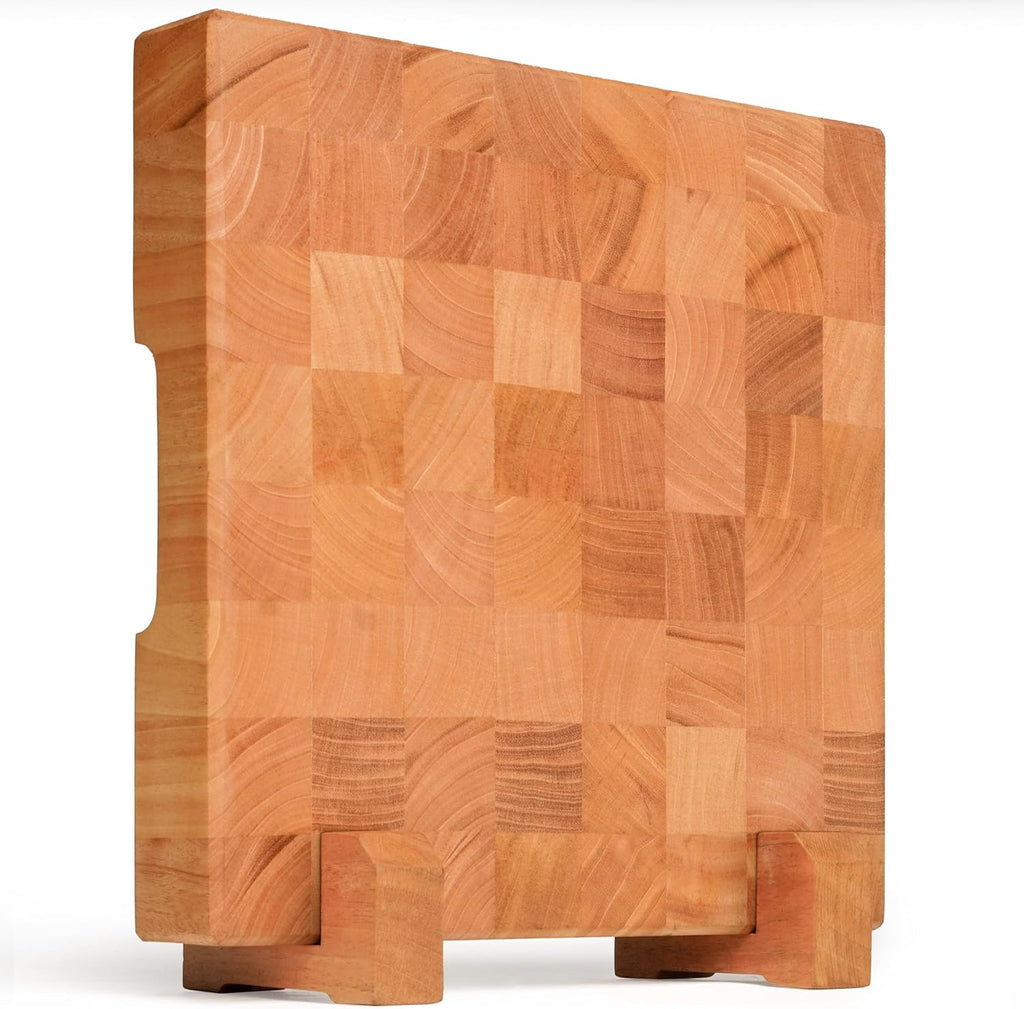 Mahogany End Grain Cutting Board 12.6×12.6×2 in with Holder – Handmade Checkered Butcher Block, Knife-Friendly, Non-Slip Feet, Ergonomic Handles