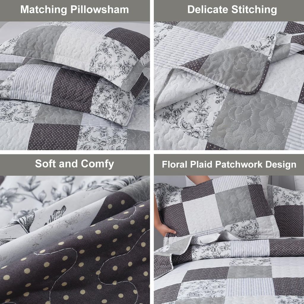 King Floral & Plaid Patchwork Quilt Set - Lightweight Reversible Bedspread - Grey & Black White Paisley Floral Quilt