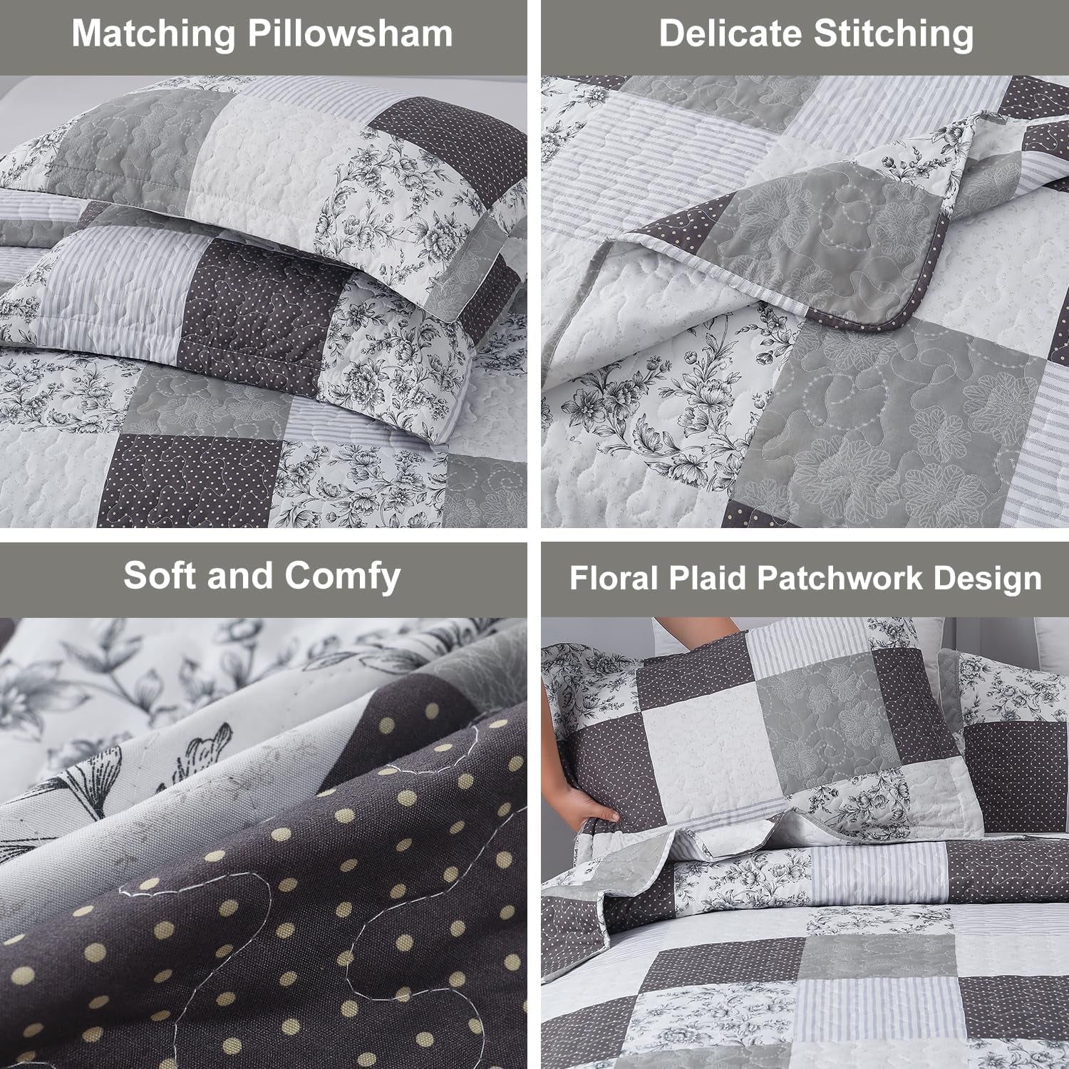 King Floral & Plaid Patchwork Quilt Set - Lightweight Reversible Bedspread - Grey & Black White Paisley Floral Quilt