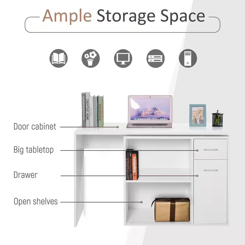 46 In. L-Shaped White Writing Computer Desk with Storage Shelves and Cabinet