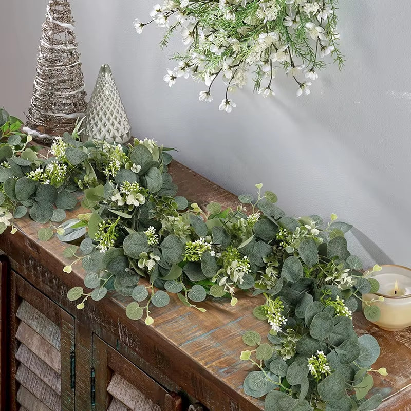 180Cm 1Pc Artificial Eucalyptus Leaves Greenery Garland Faux Plant Spring Vine with White Flowers Berries for Wedding Home Decor