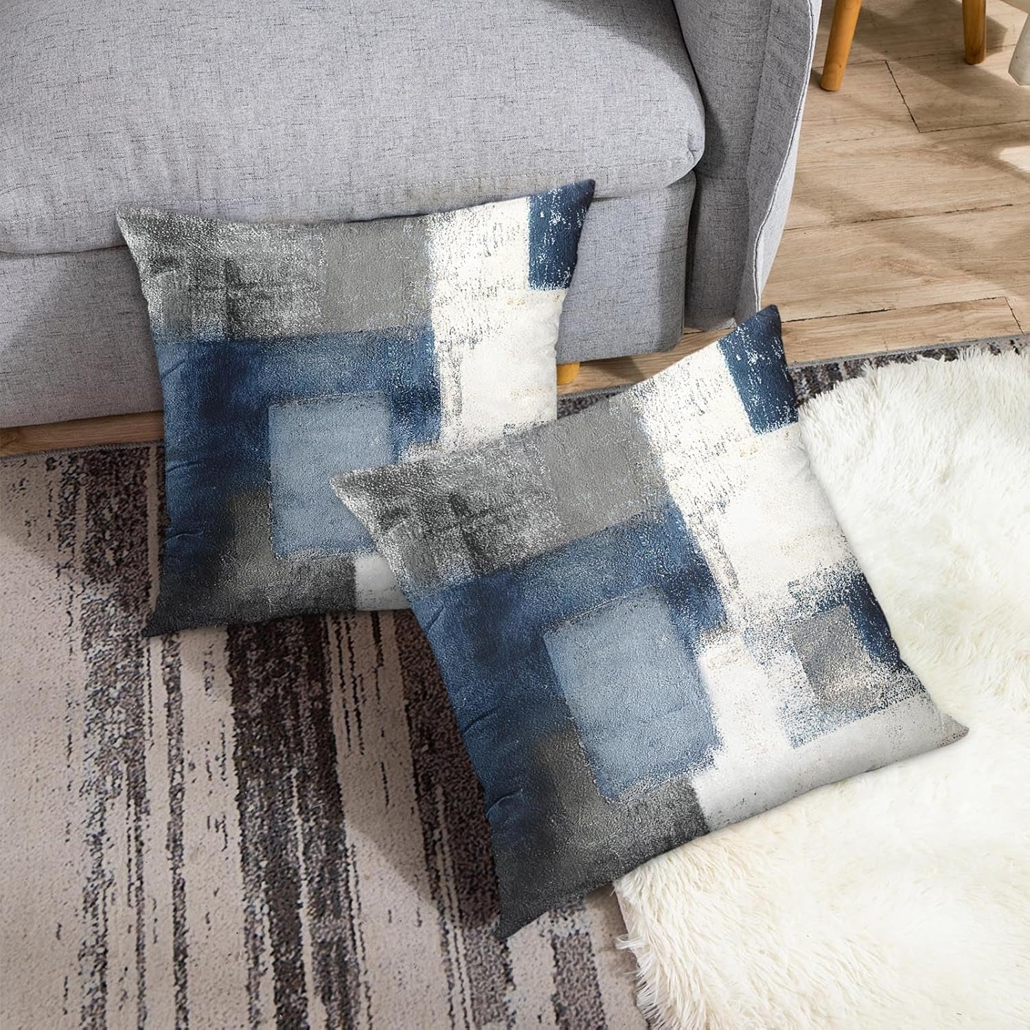 Throw Pillow Covers Modern Home Art Decor, 18 X 18 Inches Set of 2 Pillow Cases Decorative, Abstract Oil Painting Pillowcases for Bedroom, Living Room, Cushion Couch Sofa, Navy Blue White