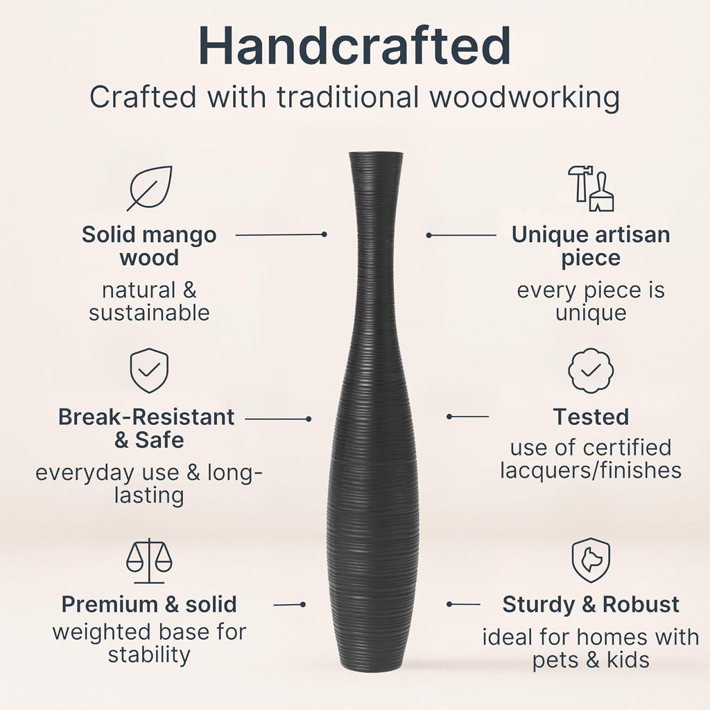 Large Black Home Decor Floor Vase - Wooden 34 Inch Tall Farmhouse Decor Flower Holder for Fake Plant and Pampas Grass