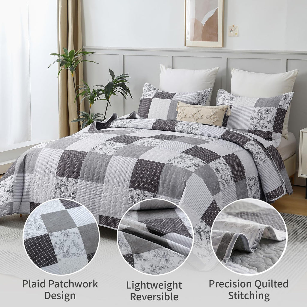 King Floral & Plaid Patchwork Quilt Set - Lightweight Reversible Bedspread - Grey & Black White Paisley Floral Quilt