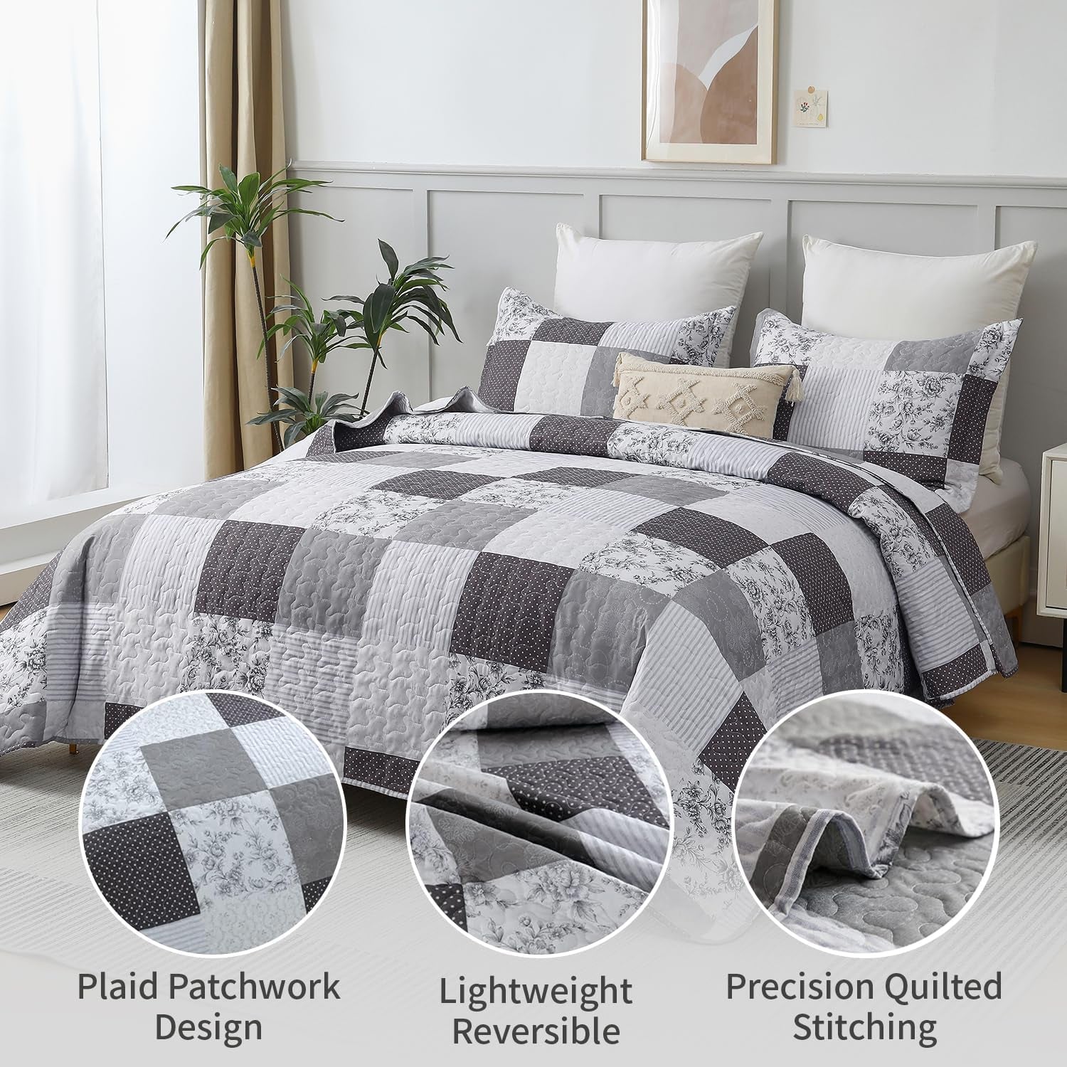 King Floral & Plaid Patchwork Quilt Set - Lightweight Reversible Bedspread - Grey & Black White Paisley Floral Quilt