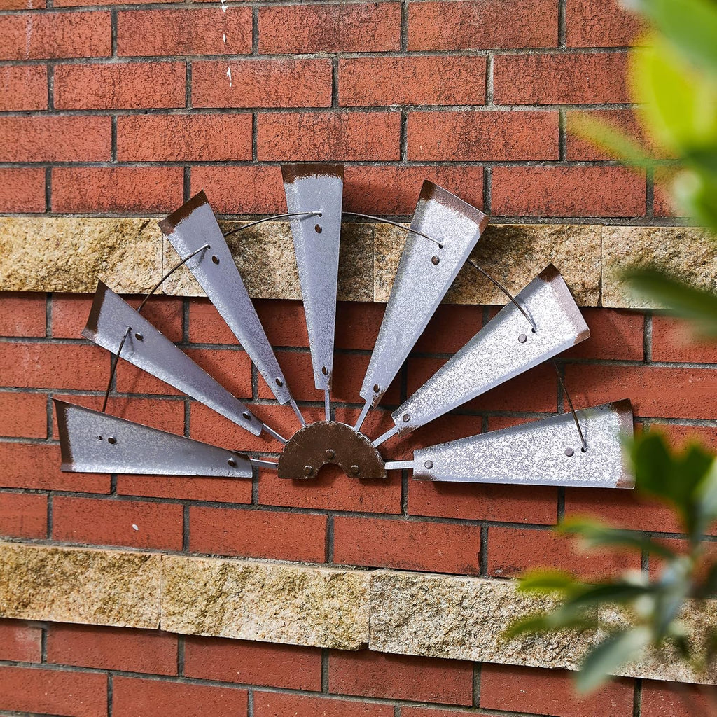 32" Rustic Galvanized Metal Half Windmill Wall Sculpture Farmhouse Wall Art Home Decor, Silver