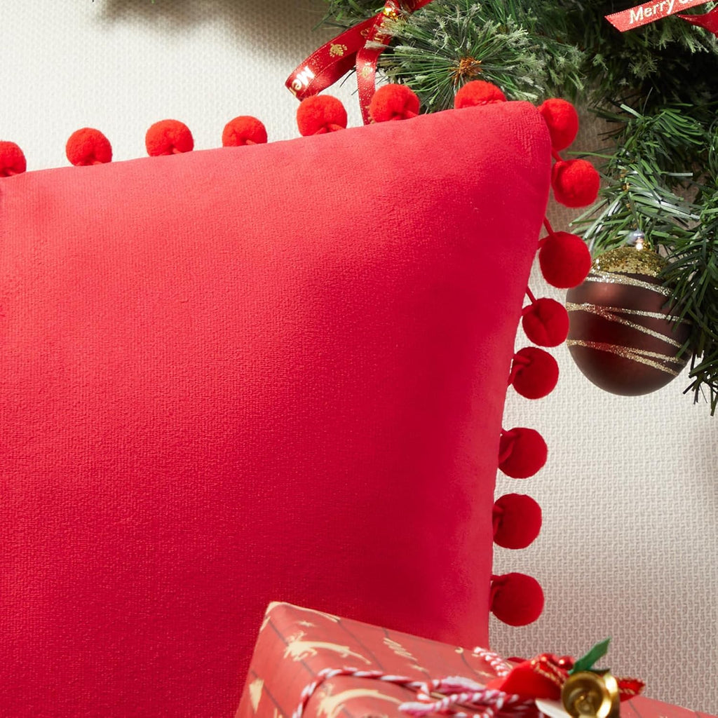 Red Pillow Covers 18X18 Inches Set of 2 Decorative Velvet Couch Throw Pillow Cover with Pom Poms Soft Square Sofa Pillow Cases for Bedroom Livingroom Home Decor