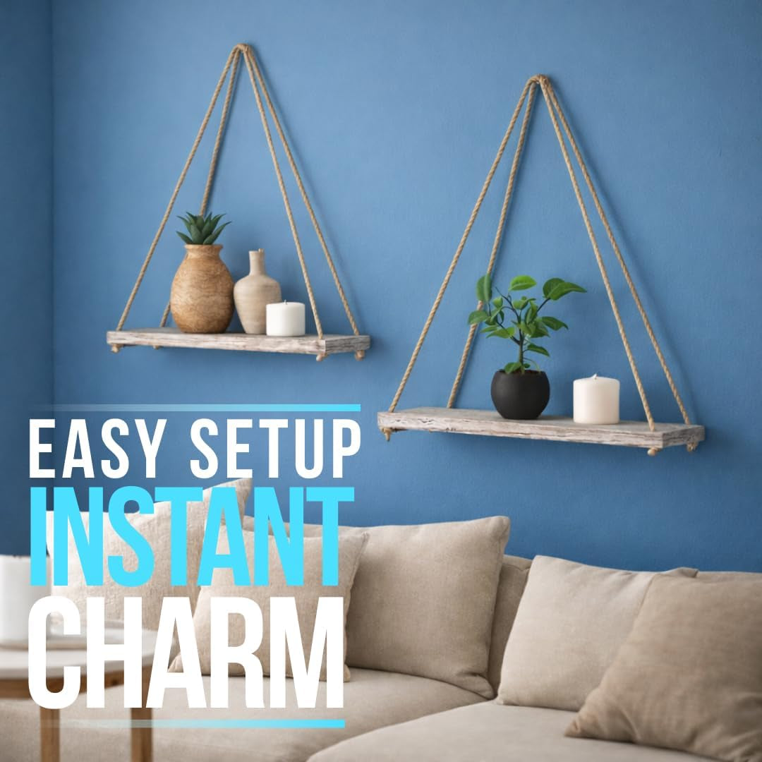 Hanging Shelves for Wall - Set of 2 – Rustic Farmhouse Boho Shelves with String – 17”X5.2” – Thick Distressed, Torched Look Real Wood - Rustic White