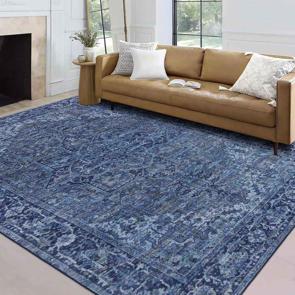 Machine Washable Area Rug - Living Room Bedroom Bathroom Kitchen Entryway Office - Padded Low Pile Stain Resistant Premium - Boho Vintage Traditional - Lyle - Blue 7'6" X 9'6"