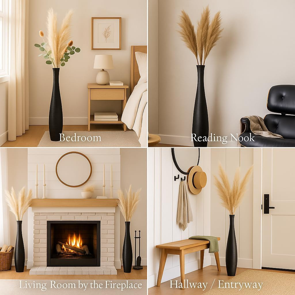 Large Black Home Decor Floor Vase - Wooden 34 Inch Tall Farmhouse Decor Flower Holder for Fake Plant and Pampas Grass