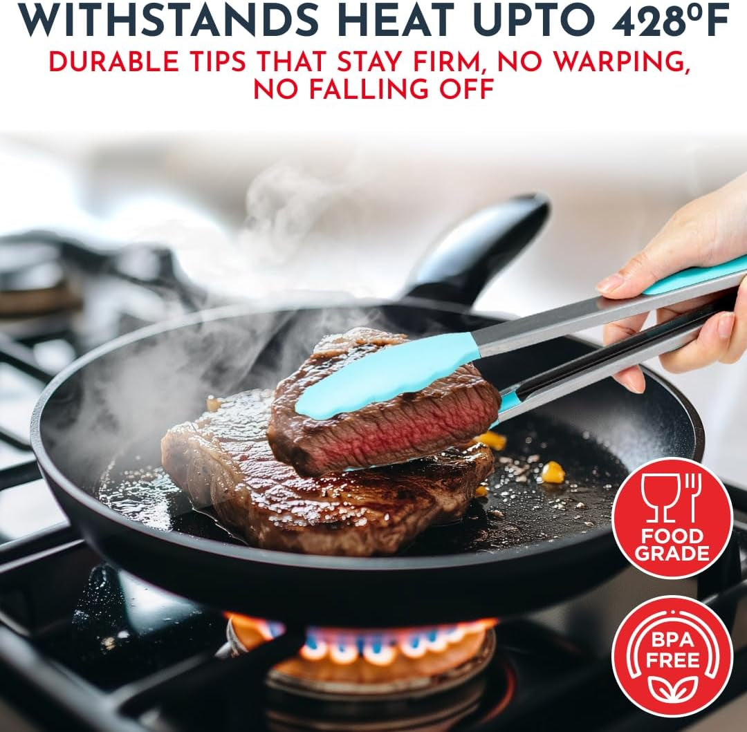 Set of 3 Kitchen Tongs with Silicone Tips, Heat Resistant Tongs for Serving Food, 7-Inch, 9-Inch, 12-Inch Locking Silicone Tongs for Cooking, Salad Tong, Aqua Kitchen Utensils