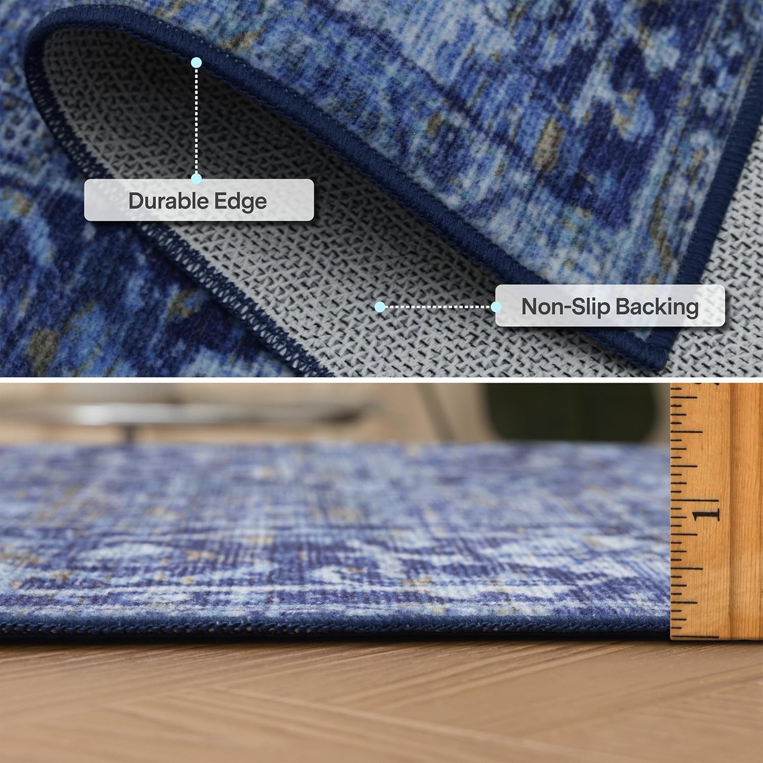 Machine Washable Area Rug - Living Room Bedroom Bathroom Kitchen Entryway Office - Padded Low Pile Stain Resistant Premium - Boho Vintage Traditional - Lyle - Blue 7'6" X 9'6"