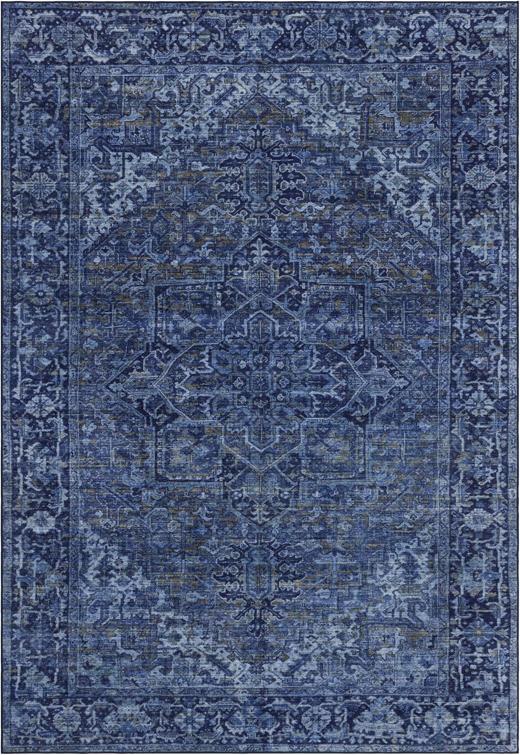 Machine Washable Area Rug - Living Room Bedroom Bathroom Kitchen Entryway Office - Padded Low Pile Stain Resistant Premium - Boho Vintage Traditional - Lyle - Blue 7'6" X 9'6"