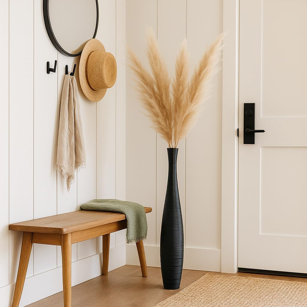 Large Black Home Decor Floor Vase - Wooden 34 Inch Tall Farmhouse Decor Flower Holder for Fake Plant and Pampas Grass