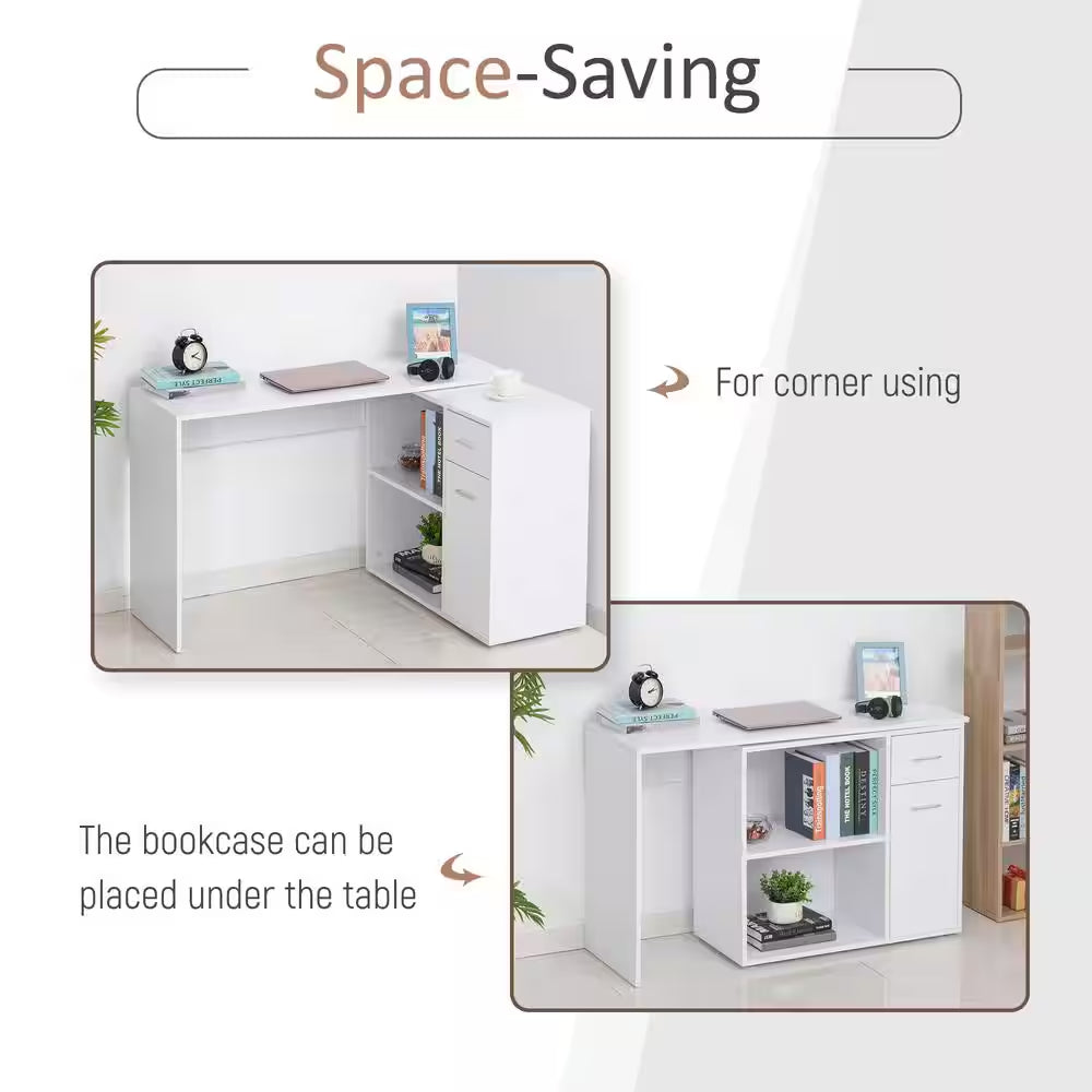 46 In. L-Shaped White Writing Computer Desk with Storage Shelves and Cabinet