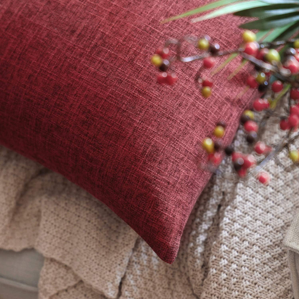 Throw Pillow Cover Textured Faux Linen Series Decorative Cushion Covers for Home Decor Sofa Pack of 2, Rose Red 18 X 18 Inches 45 X 45 Cm