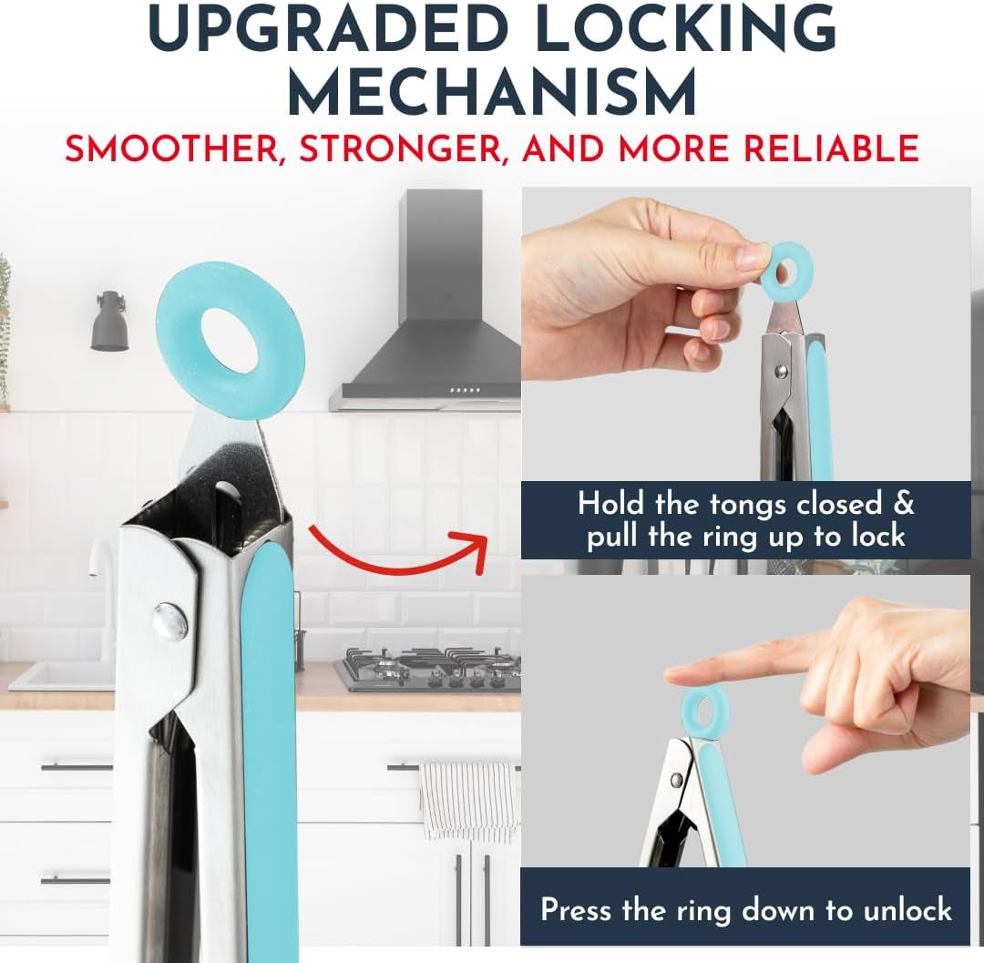 Set of 3 Kitchen Tongs with Silicone Tips, Heat Resistant Tongs for Serving Food, 7-Inch, 9-Inch, 12-Inch Locking Silicone Tongs for Cooking, Salad Tong, Aqua Kitchen Utensils