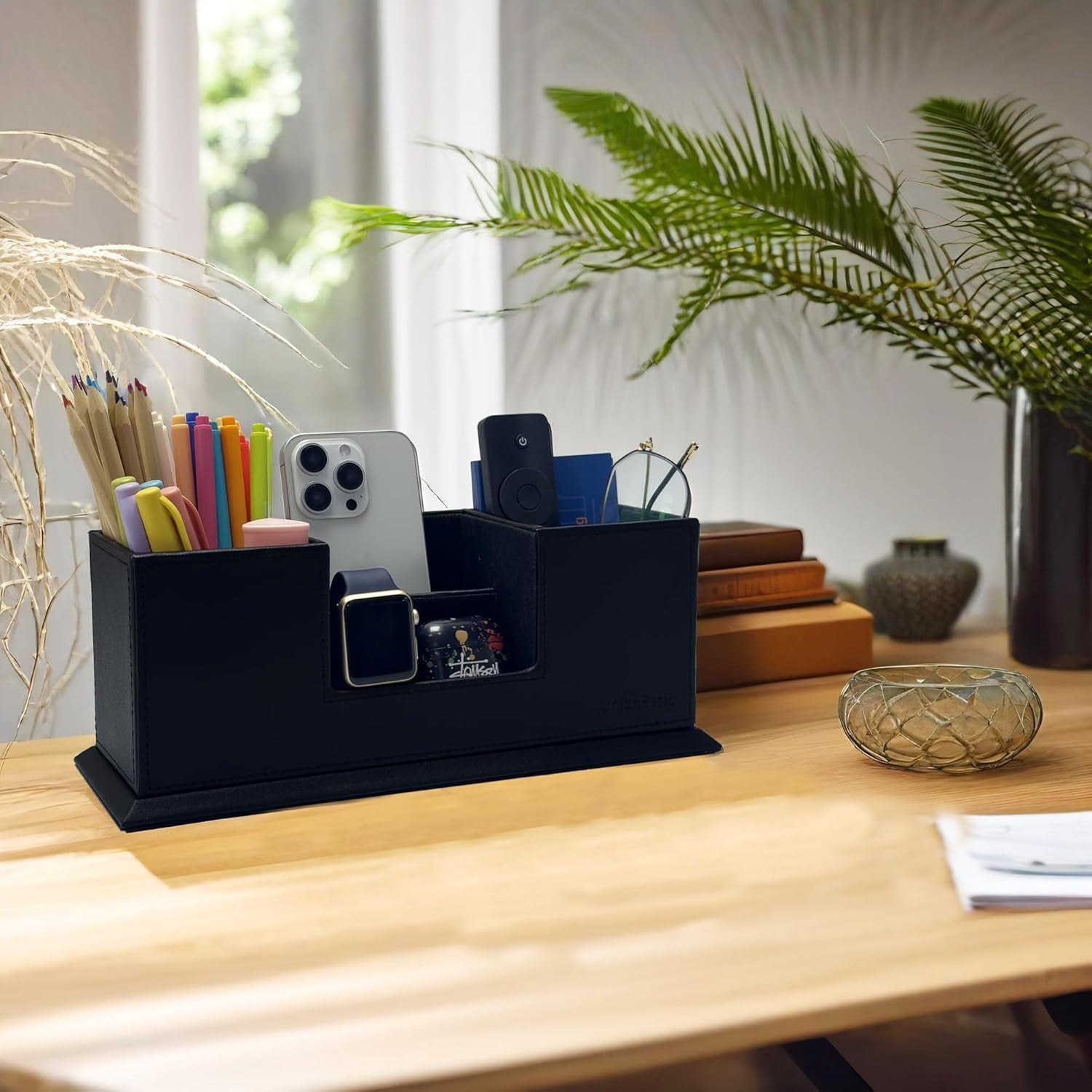 Desk Organizer, Desktop Caddy Leather Multi-Compartment Pen Holder Office Stationer Organizer, Black
