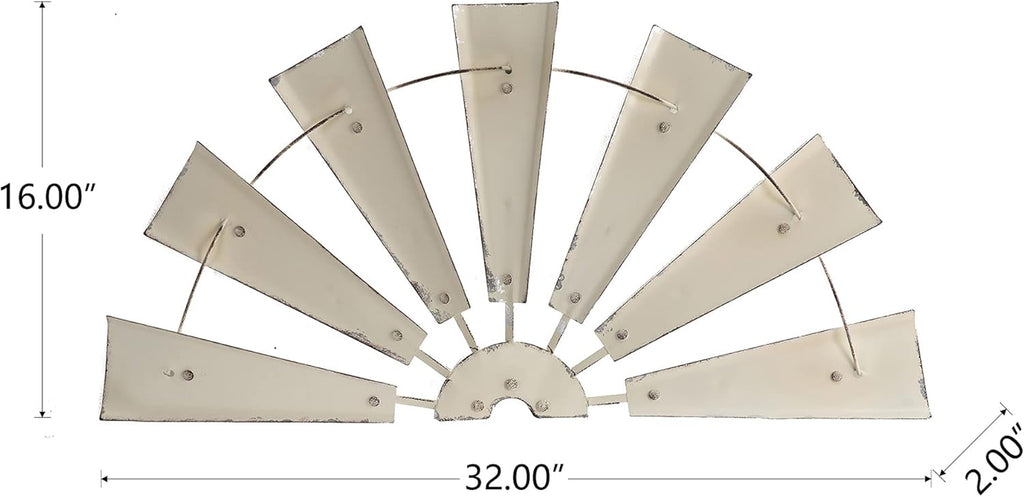 32" Rustic Galvanized Metal Half Windmill Wall Sculpture Farmhouse Wall Art Home Decor, Beige