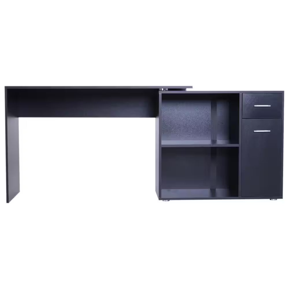 46 In. L-Shaped Black Writing Computer Desk with Storage Shelves and Cabinet