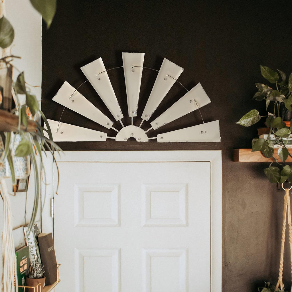 32" Rustic Galvanized Metal Half Windmill Wall Sculpture Farmhouse Wall Art Home Decor, Beige