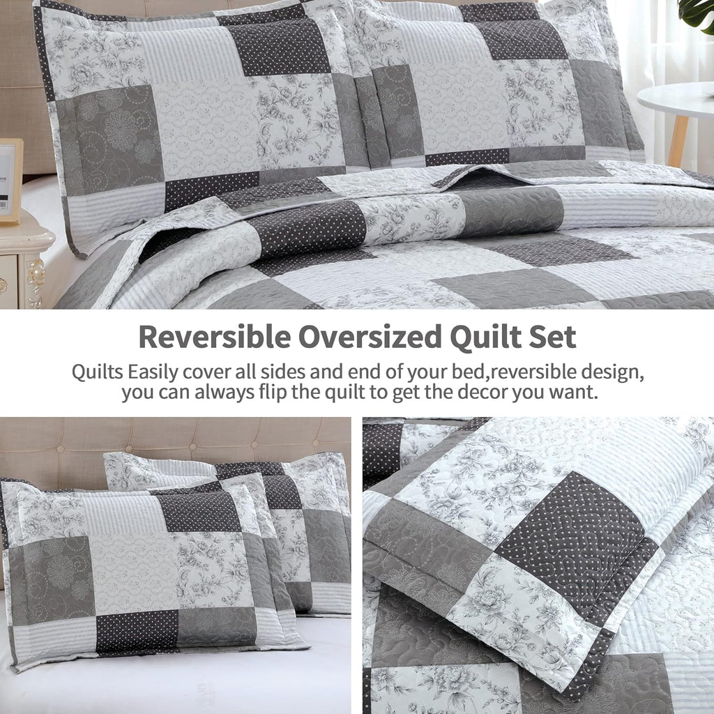 King Floral & Plaid Patchwork Quilt Set - Lightweight Reversible Bedspread - Grey & Black White Paisley Floral Quilt