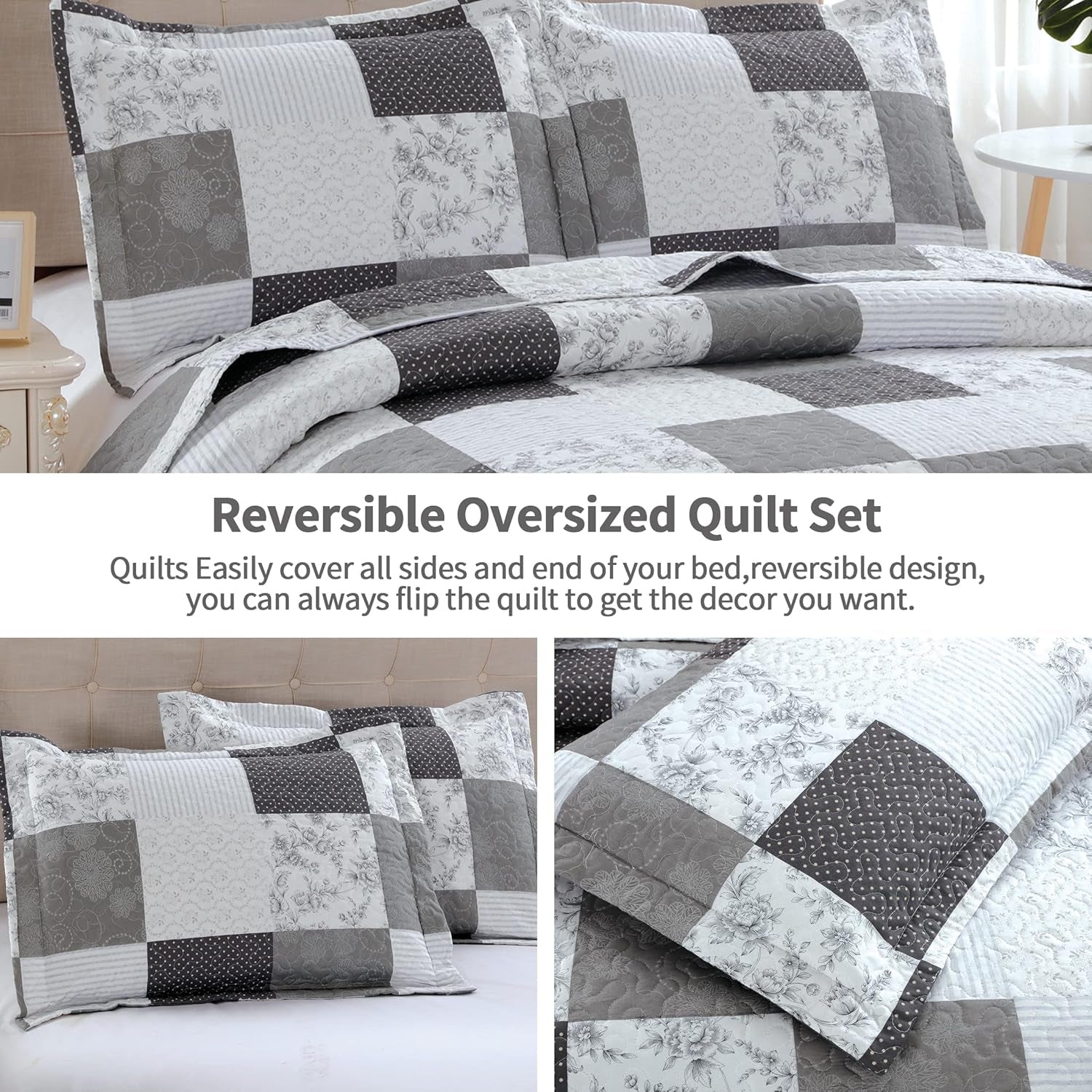 King Floral & Plaid Patchwork Quilt Set - Lightweight Reversible Bedspread - Grey & Black White Paisley Floral Quilt