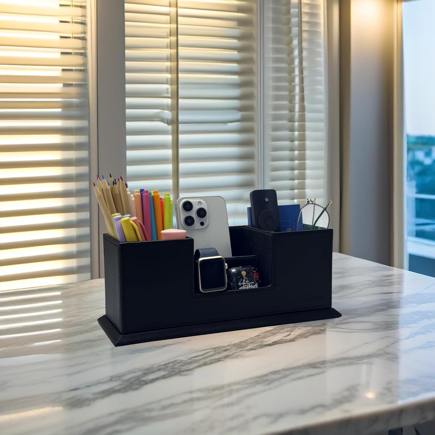 Desk Organizer, Desktop Caddy Leather Multi-Compartment Pen Holder Office Stationer Organizer, Black